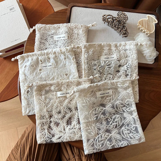 Durable Lace-Cutout Embroidered Drawstring Storage Bag Single Layer Multi-Purpose Storage Pouch Retro Organizer Travel