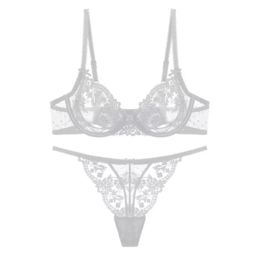 French Lace Bra & Panty Set w/Steel Rings Ultra-Thin Push-Up Bralette Small Bust Sheer White Sexy Lingerie Pure Seductive Style